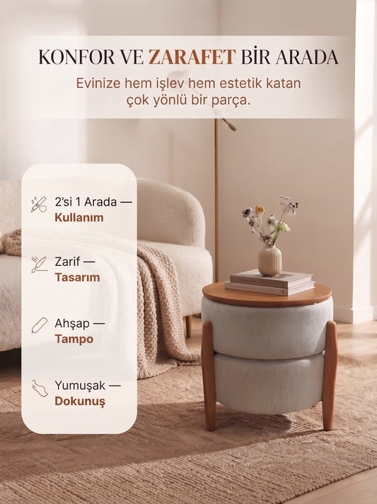 Derisunum Puf Serisi – Keten Kumaş Yuvarlak Puf & Sehpa (2'si 1 Arada)
