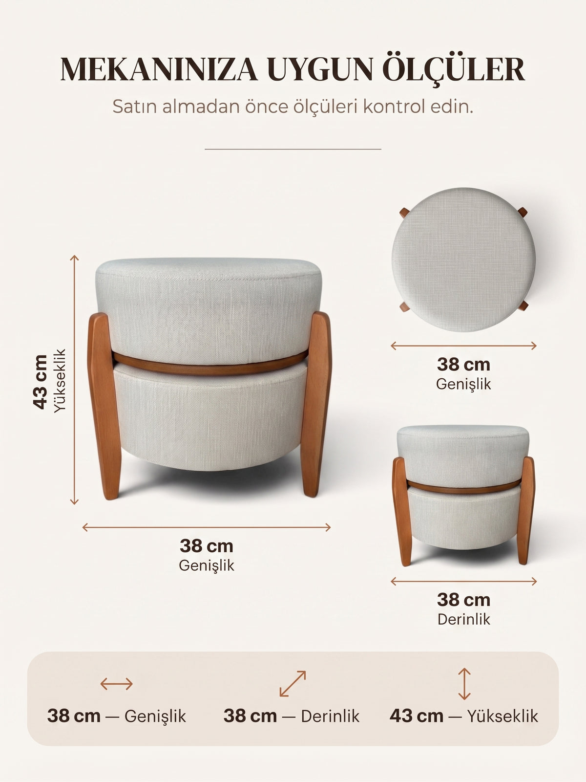 Derisunum Puf Serisi – Keten Kumaş Yuvarlak Puf & Sehpa (2'si 1 Arada)