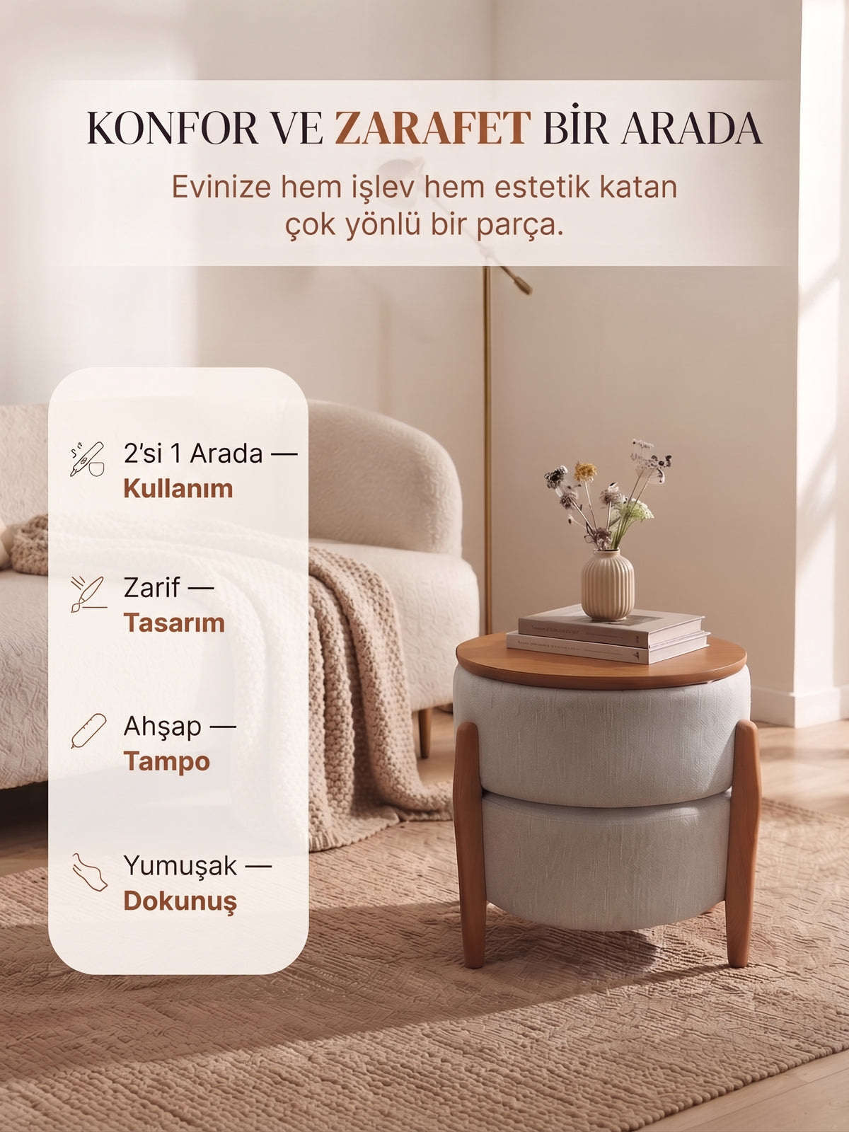 Derisunum Puf Serisi – Keten Kumaş Yuvarlak Puf & Sehpa (2'si 1 Arada)